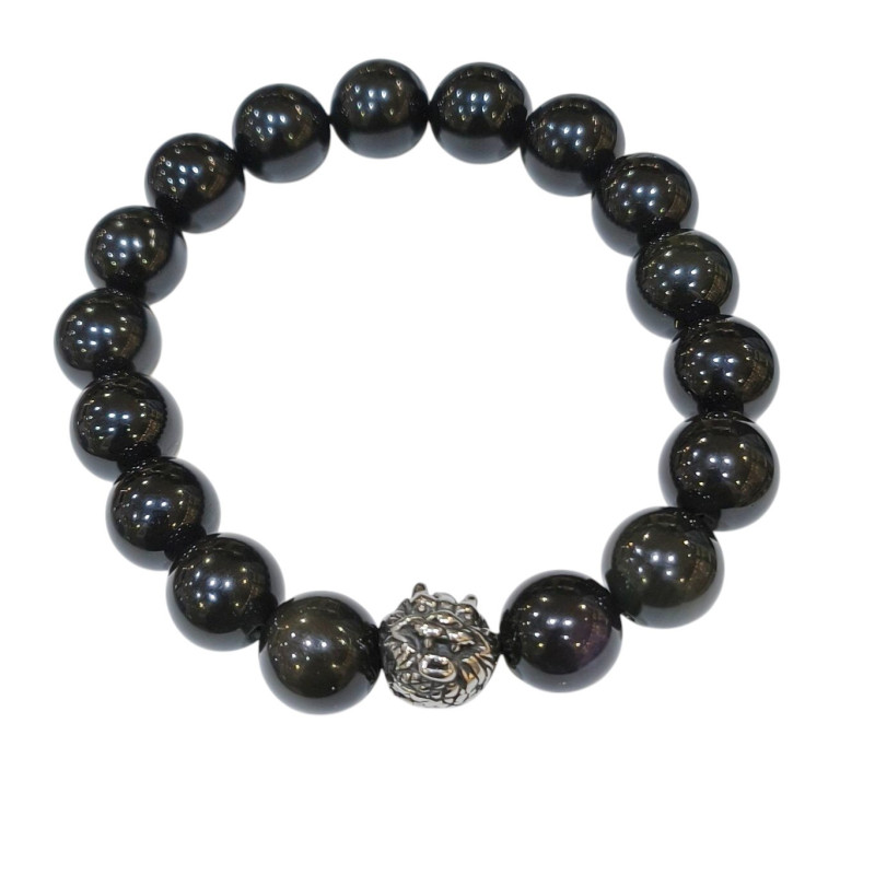 Bracelet Obsidienne Œil Céleste avec Insert Tête de Dragon Acier Pierres Rondes 10mm
