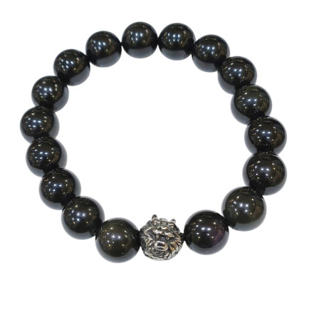 Bracelet Obsidienne Œil Céleste avec Insert Tête de Dragon Acier Pierres Rondes 10mm