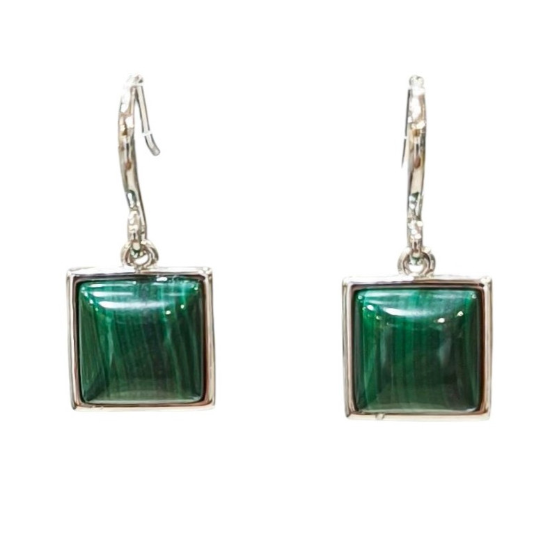 Boucles Malachite Cabochon Carré Argent 925