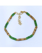 Bracelet Homme Jaspe Paysage et Aventurine Verte Acier Plaqué Or Taille Réglable