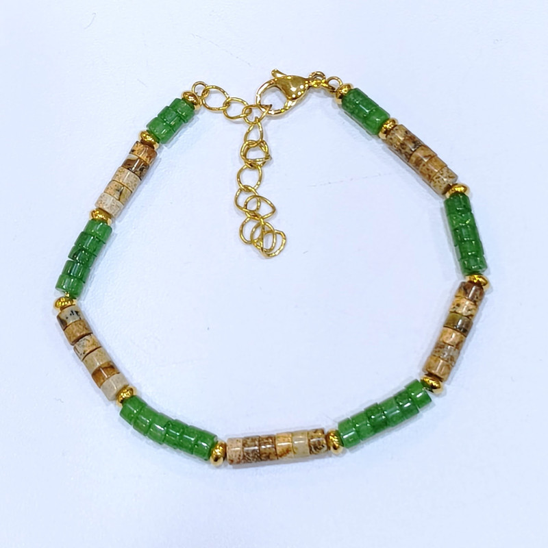 Bracelet Jaspe Paysage et Aventurine Verte Acier Plaqué Or Taille Réglable