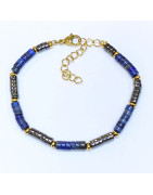 Bracelet Homme Lapis-Lazuli Hématite Acier Plaqué Or Taille Réglable