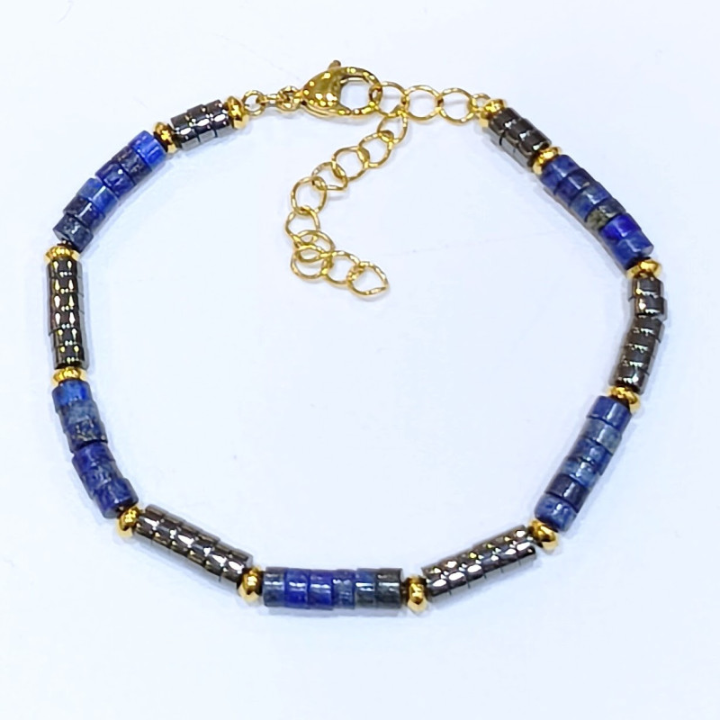 Bracelet Lapis-Lazuli Hématite Acier Plaqué Or Taille Réglable