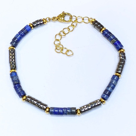 Bracelet Homme Lapis-Lazuli Hématite Acier Plaqué Or Taille Réglable
