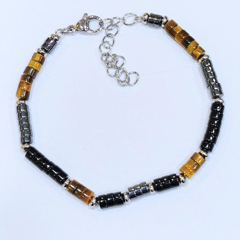 Bracelet Hématite Onyx Œil de Tigre Acier Inox Taille Réglable