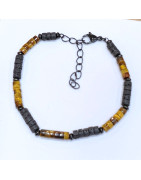 Bracelet Homme Pierre de Lave Œil de Tigre Acier Inox Noir Taille Réglable