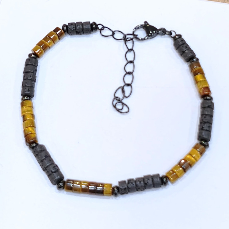 Bracelet Homme Pierre de Lave Œil de Tigre Acier Inox Noir Taille Réglable