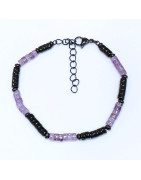 Bracelet Homme Améthyste Onyx Acier Inox Noir Taille Réglable