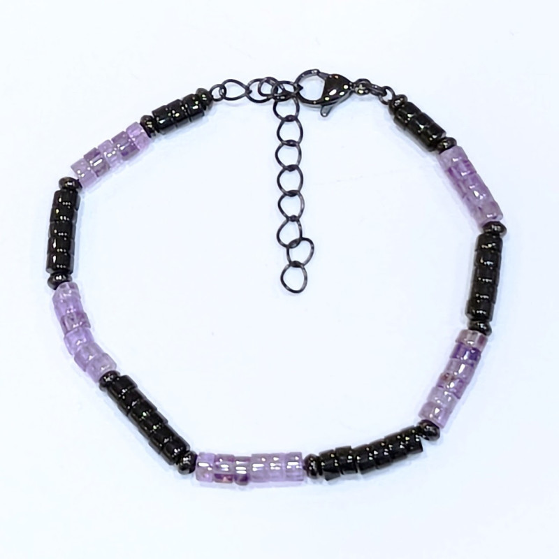 Bracelet Améthyste Onyx Acier Inox Noir Taille Réglable