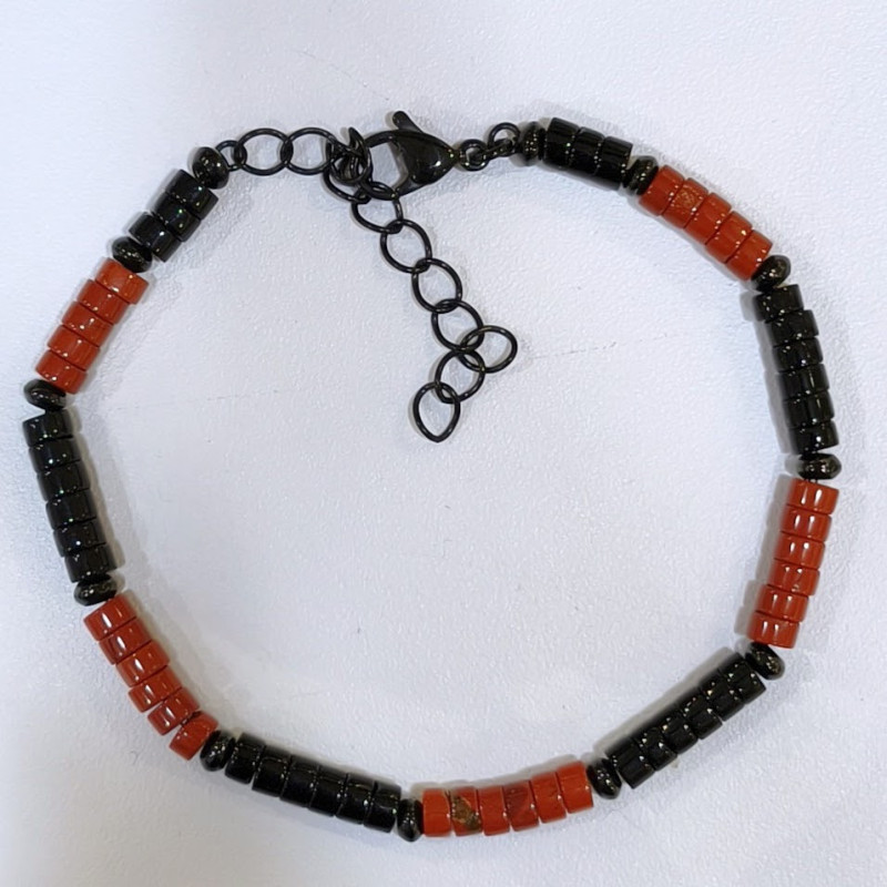Bracelet Jaspe Rouge Onyx Acier Inox Noir Taille Réglable