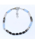 Bracelet Homme Aigue Marine Quartz Rutile Tourmaline Pierre de Lune Onyx Acier Inox Taille Réglable