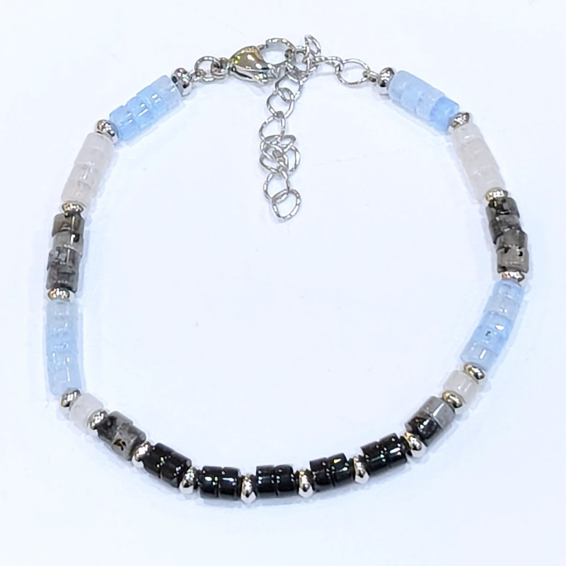 Bracelet Homme Aigue Marine Quartz Rutile Tourmaline Pierre de Lune Onyx Acier Inox Taille Réglable