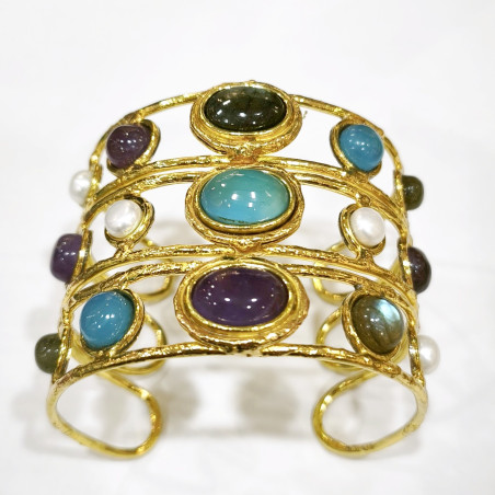 Bracelet Améthyste Labradorite Calcédoine Perle d'Eau Douce Laiton Plaqué Or Collection NIIKI PARIS