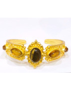 Bracelet Oeuil de Tigre et Ambre Laiton Plaqué Or Collection NIIKI PARIS