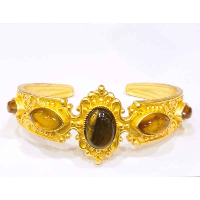 Bracelet Oeuil de Tigre et Ambre Laiton Plaqué Or Collection NIIKI PARIS