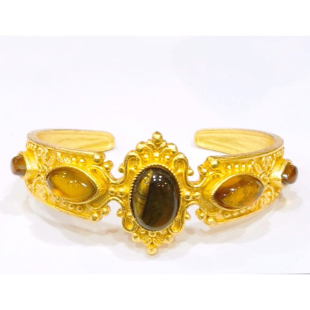 Bracelet Oeuil de Tigre et Ambre Laiton Plaqué Or Collection NIIKI PARIS