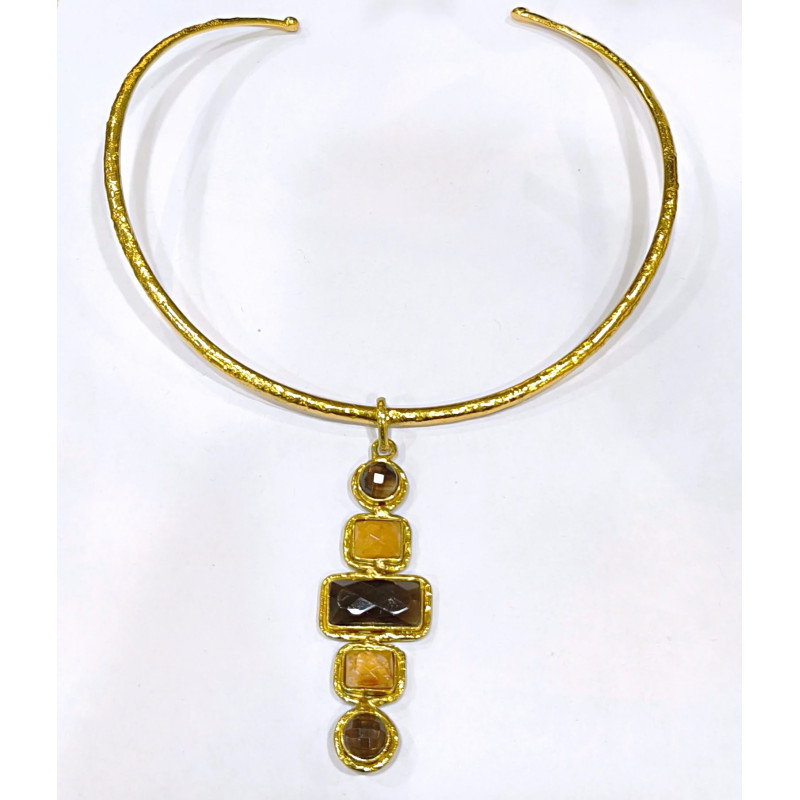 Collier Quartz Fumé et Pierre de Soleil Laiton Plaqué Or Collection NIIKI PARIS