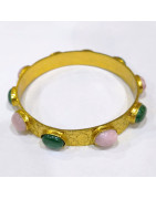 Bracelet Malachite Rhodochrosite Jonc Laiton Plaqué Or Collection NIIKI PARIS
