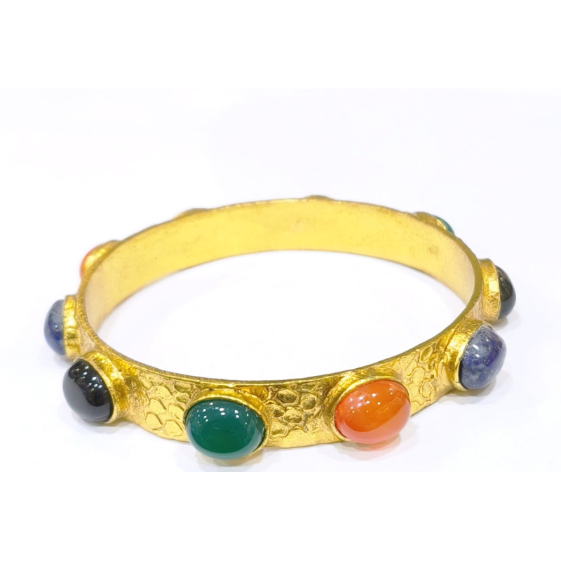Bracelet Agate Verte Cornaline Lapis-Lazuli Sodalite Onyx Jonc Laiton Plaqué Or Collection NIIKI PARIS