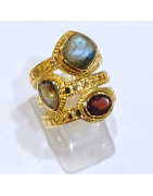 Bague labradorite Grenat Quartz Fumé Laiton Plaqué Or Taille 53 Collection NIIKI PARIS