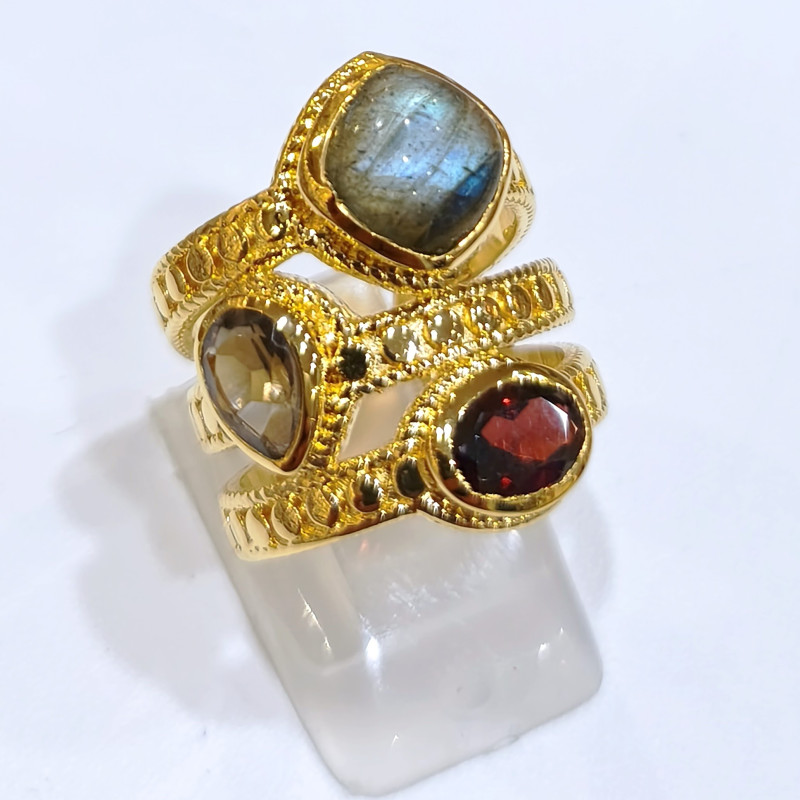 Bague labradorite Grenat Quartz Fumé Laiton Plaqué Or Taille 53 Collection NIIKI PARIS