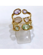Bague Améthyste Quartz Rose Améthyste Verte Laiton Plaqué Or Taille 58 Collection NIIKI PARIS