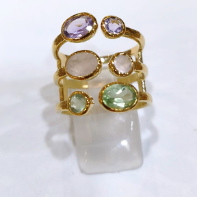 Bague Améthyste Quartz Rose Améthyste Verte Laiton Plaqué Or Taille 58 Collection NIIKI PARIS