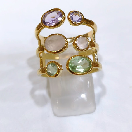 Bague Améthyste Quartz Rose Améthyste Verte Laiton Plaqué Or Taille 58 Collection NIIKI PARIS