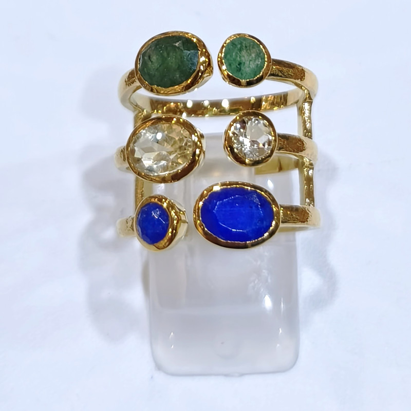 Bague Lapis-Lazuli Citrine Emeraude Laiton Plaqué Or Taille 57 Collection NIIKI PARIS