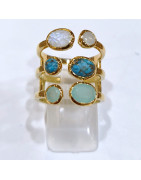 Bague Turquoise Pierre de Lune Agate Laiton Plaqué Or Taille 56 Collection NIIKI PARIS