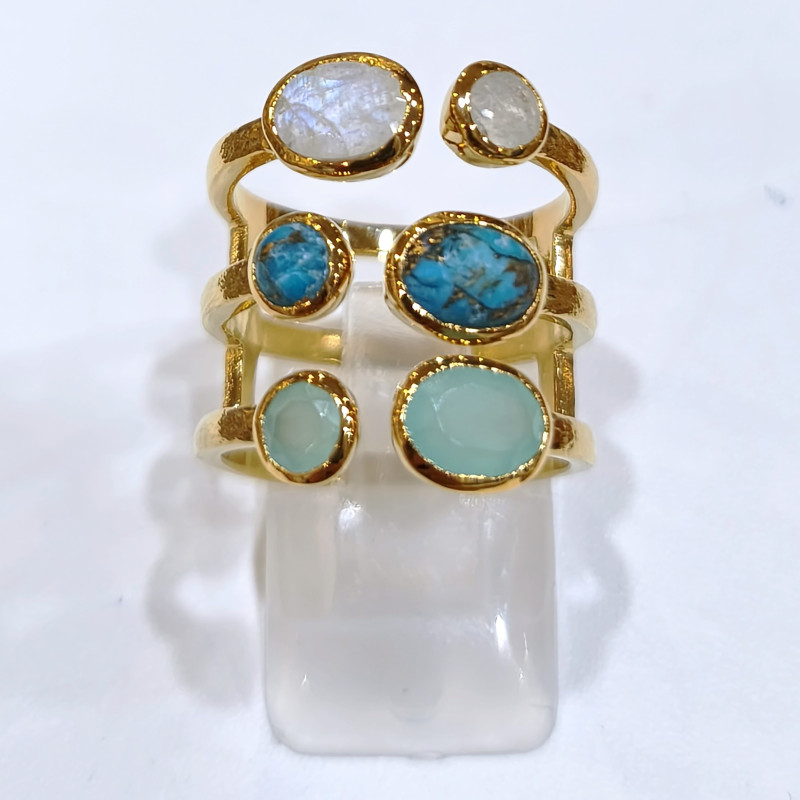 Bague Turquoise Pierre de Lune Agate Laiton Plaqué Or Taille 56 Collection NIIKI PARIS
