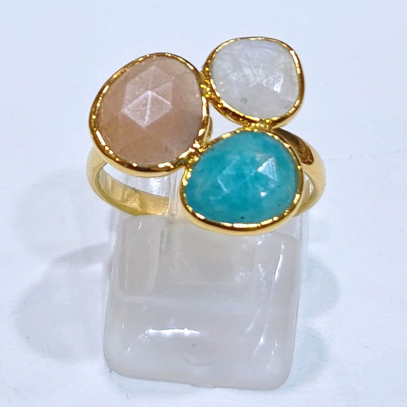 Bague Amazonite Pierre de Lune Pierre de Soleil Laiton Plaqué Or Taille 55 Collection NIIKI PARIS