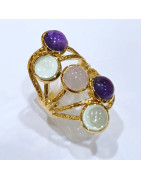 Bague Améthyste Quartz Rose Améthyste Verte Laiton Plaqué Or Taille 59 Collection NIIKI PARIS
