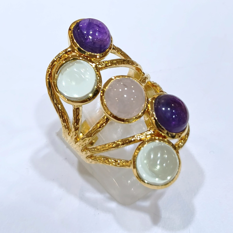 Bague Améthyste Quartz Rose Améthyste Verte Laiton Plaqué Or Taille 59 Collection NIIKI PARIS