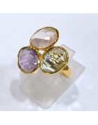 Bague Améthyste Quartz Rose Aigue Marine Laiton Plaqué Or Taille 57 Collection NIIKI PARIS