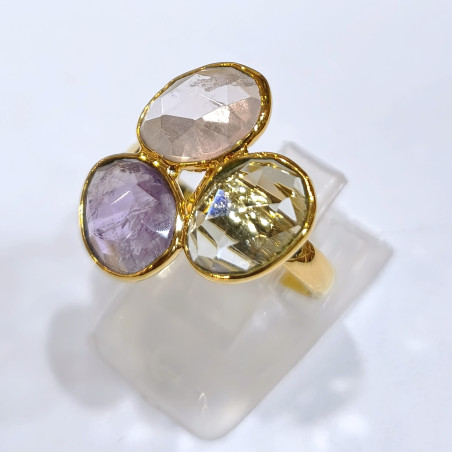 Bague Améthyste Quartz Rose Aigue Marine Laiton Plaqué Or Taille 57 Collection NIIKI PARIS