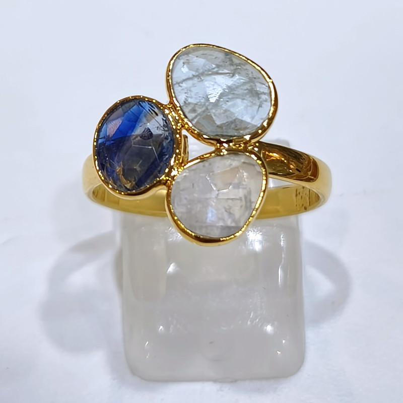 Bague Cyanite Bleue Aigue Marine Pierre de Lune Laiton Plaqué Or Taille 59 Collection NIIKI PARIS