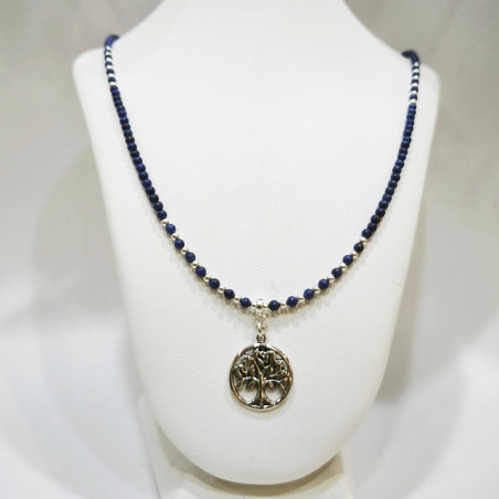 Collier Lapis-Lazuli avec Pendentif Arbre de Vie Argent 925 20 cm + 5
