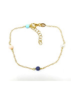 Bracelet Lapis-lazuli Corail Turquoise Perle d'Eau Douce Argent 925 Plaqué Or (Vermeil) Chaînette réglable