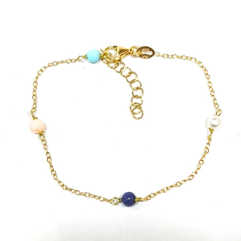 Bracelet Lapis-lazuli Corail Turquoise Perle d'Eau Douce Argent 925 Plaqué Or (Vermeil) Chaînette réglable