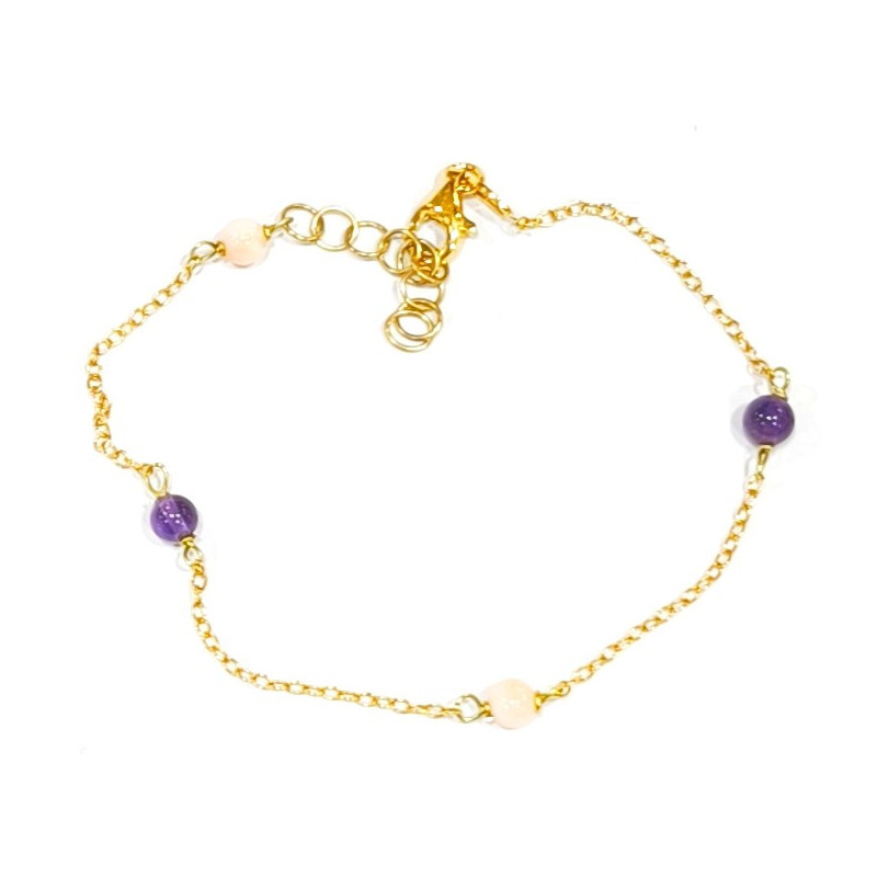 Bracelet Corail Améthyste Argent 925 Plaqué Or (Vermeil) Chaînette réglable