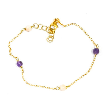 Bracelet Corail Améthyste Argent 925 Plaqué Or (Vermeil) Chaînette réglable