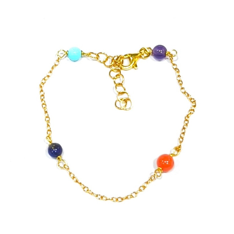 Bracelet Lapis-lazuli Corail Turquoise Améthyste Argent 925 Plaqué Or (Vermeil) Chaînette réglable