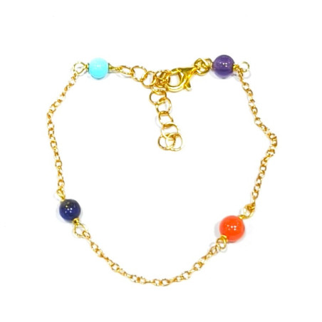 Bracelet Lapis-lazuli Corail Turquoise Améthyste Argent 925 Plaqué Or (Vermeil) Chaînette réglable
