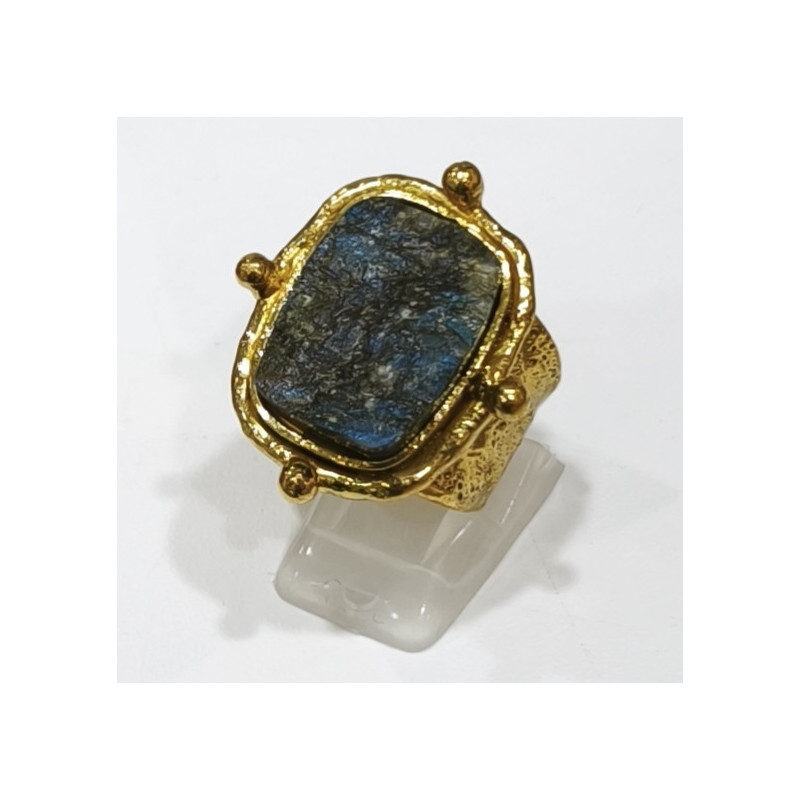 Bague Labradorite Brute Laiton Plaqué OR Taille Ajustable Collection NIIKI PARIS