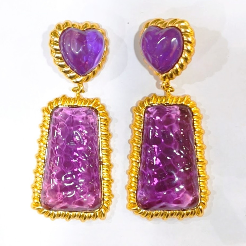 Boucles Bakélite Fuchsia à Clips Laiton Plaqué Or Collection NIIKI