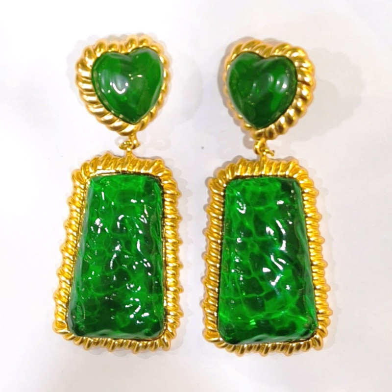 Boucles Bakélite Verte à Clips Laiton Plaqué Or Collection NIIKI
