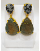 Boucles Labradorite et Obsidienne Neigeuse Laiton Plaqué Or Collection NIIKI PARIS