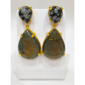 Boucles Labradorite et Obsidienne Neigeuse Laiton Plaqué Or Collection NIIKI PARIS