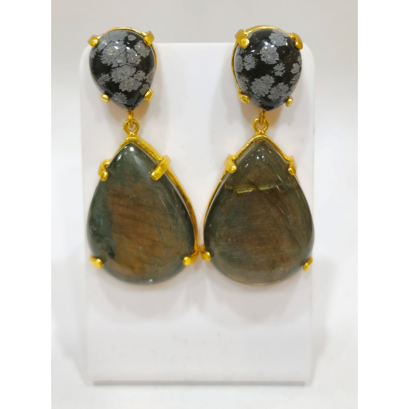 Boucles Labradorite et Obsidienne Neigeuse Laiton Plaqué Or Collection NIIKI PARIS